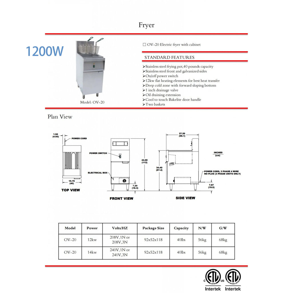 40lbs Electric Deep Fryer 220V, Commercial Fryer with Two Basket 1200W