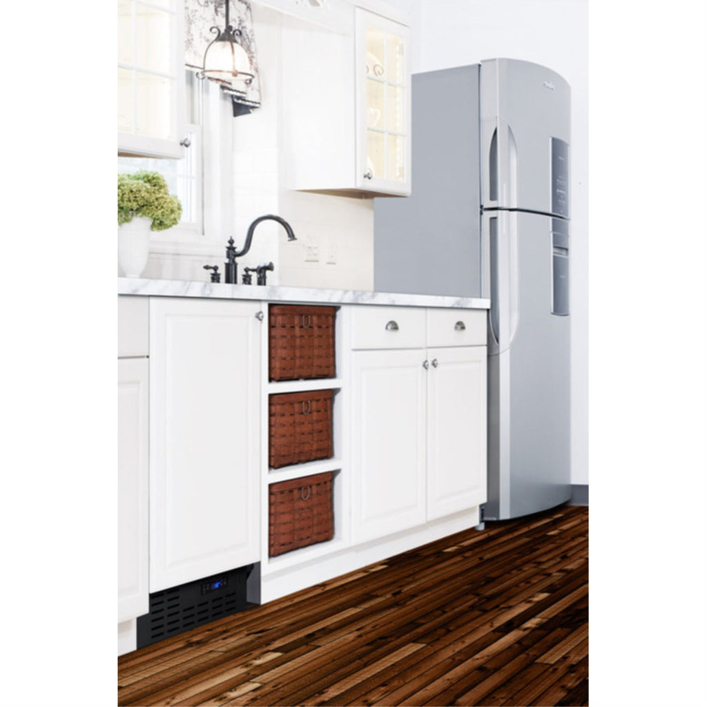 18" wide frost-free freezer in black for built-in or freestanding use, with integrated door frame for overlay panels