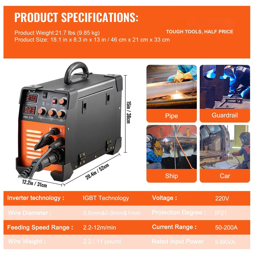 BENTISM MIG Welder, 270A Welding Machine, 110V Flux Core MIG/TIG/MMA 3 in 1 Welder Machine, IGBT Inverter Portable Gasless Welder Equipment