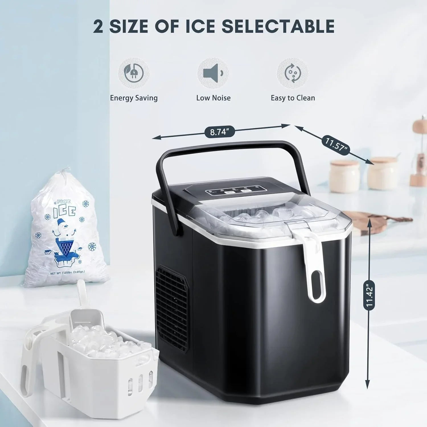 Countertop Ice Maker,Portable Ice Machine with Carry Handle,Self-Cleaning,Basket and Scoop,9 Cubes in 6 Mins,26.5lbs/24Hrs,2 Sizes of Bullet Ice,for Home,Kitchen,Party,Black,Green